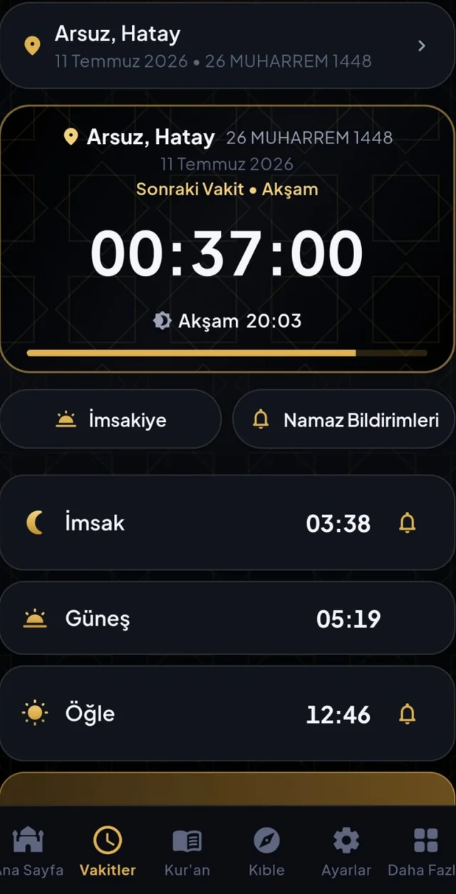 Namaz vakitleri ekranı